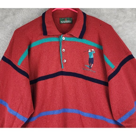 The Scotch House Sweater Mens Large Red Striped Embroidered Golfer Vintage Wool - Picture 7 of 11